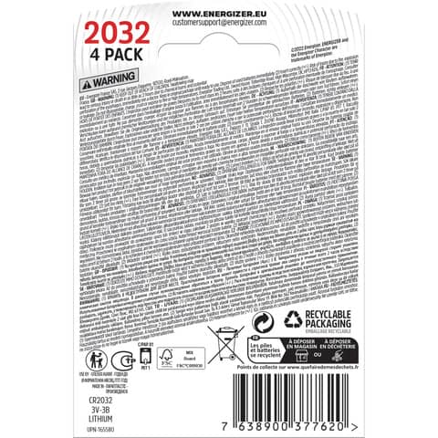 Batterie al litio a bottone Energizer Lithium BP4 3V 235 mAh CR2032 - conf. 4 pz rossa - E304127202